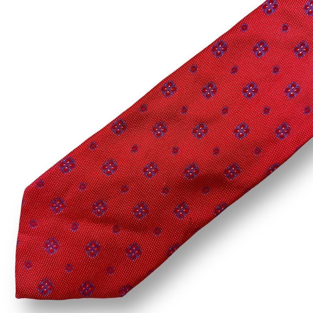 Barney’s New York Men's 100% Silk Neck Tie Red Polka Dot Flower Print Italian